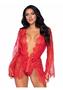 Leg Avenue Floral Lace Teddy With Adjustable Straps And Cheeky Thong Back Matching Lace Robe With Scalloped Trim And Satin Tie - Large - Red